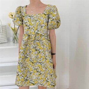 Floral Summer Babydoll Mini Dress with Square Neckline